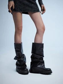 Rollcall New Round Toe Platform, Silver Pleated, Slip-On, Fashion Show, Women Ankle Boots, Hiking Boots - Black - View 1