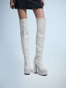 Rollcall Fall/Winter Women White Minimalist Platform Chunky Heeled Boots, Round Toe High Heel Classic Boots,Sexy - White - View 1