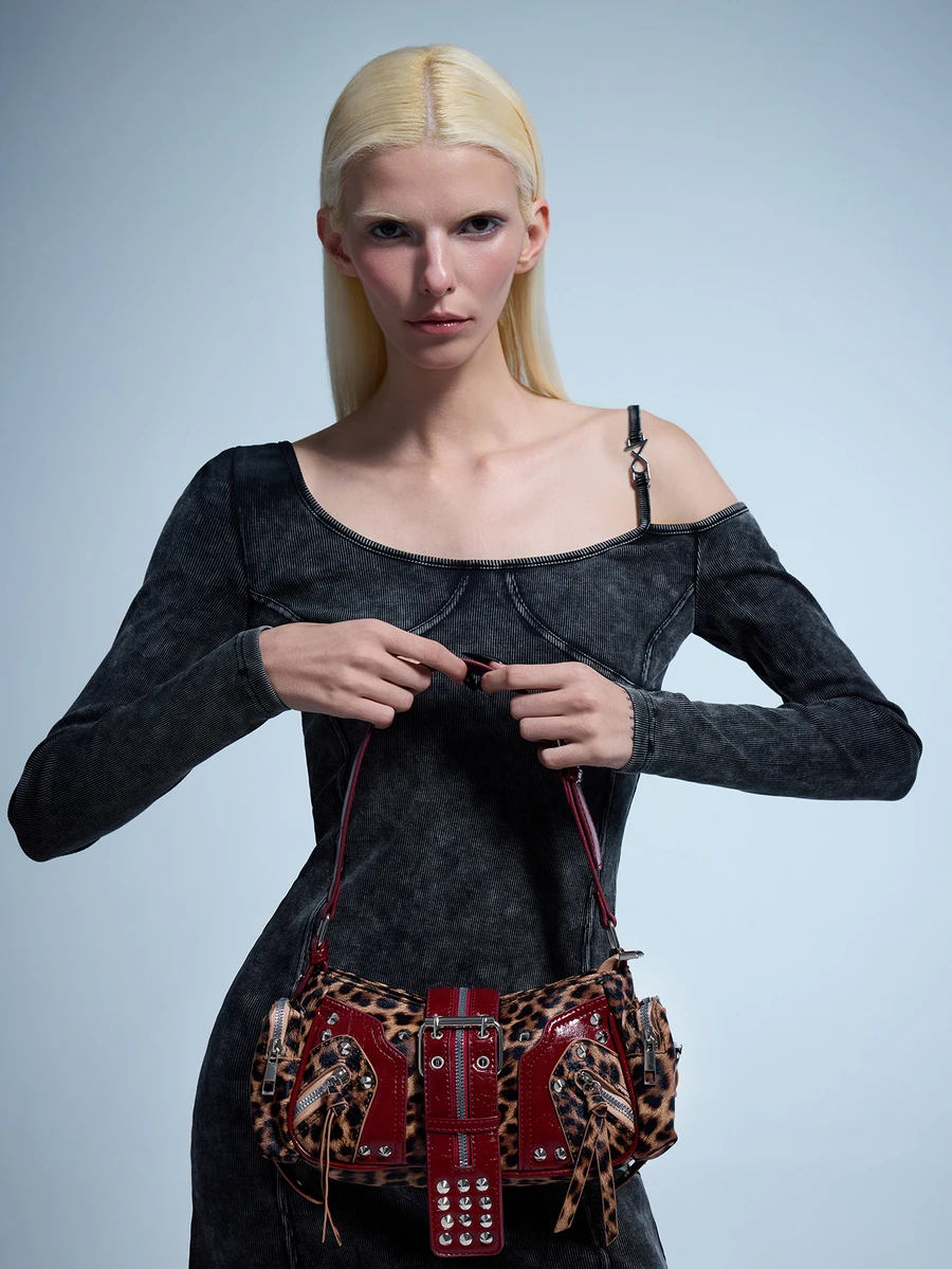 Rollcall 1pc Vintage Leopard Print Rivet Y2K Punk Style Underarm Bag, Suitable For Daily Commute And Streetwear - Multicolor - View 1