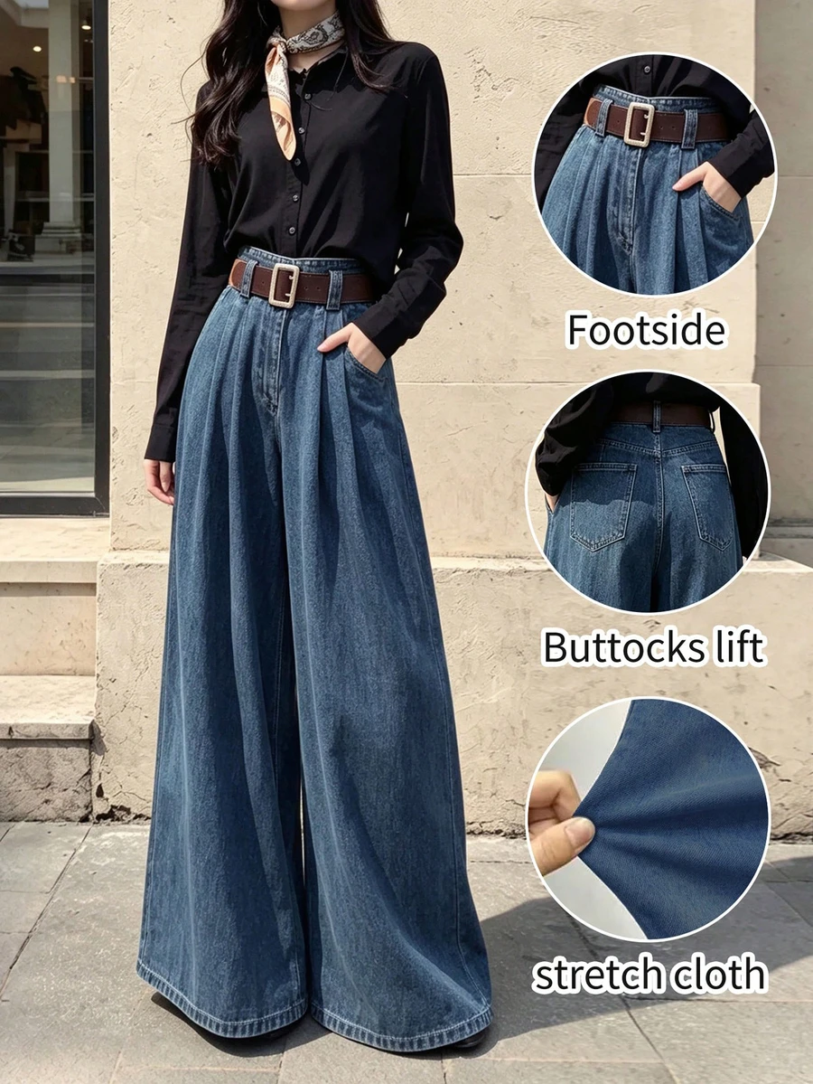 Women's Casual Elegant Denim Wide Leg Pants, With Pockets, Long Washed Fabric, Slightly Elastic, Suitable For Autumn Wear (No Belt) - Vintage Washed Blue - View 1