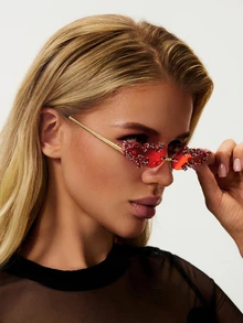 TuEzra 1/2/3pcs Women's Flame Shaped Rhinestone Red Rimless Glasses, European And American Style Exaggerated Personalized Fashion - Multicolor - View 4