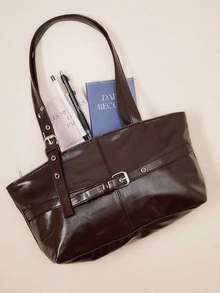 Okurime. 1pc Vintage Large Capacity Tote Bag,  PU Solid Color Oiled Wax Leather,  Zipper Closure,  For Work, School - Coffee - View 2