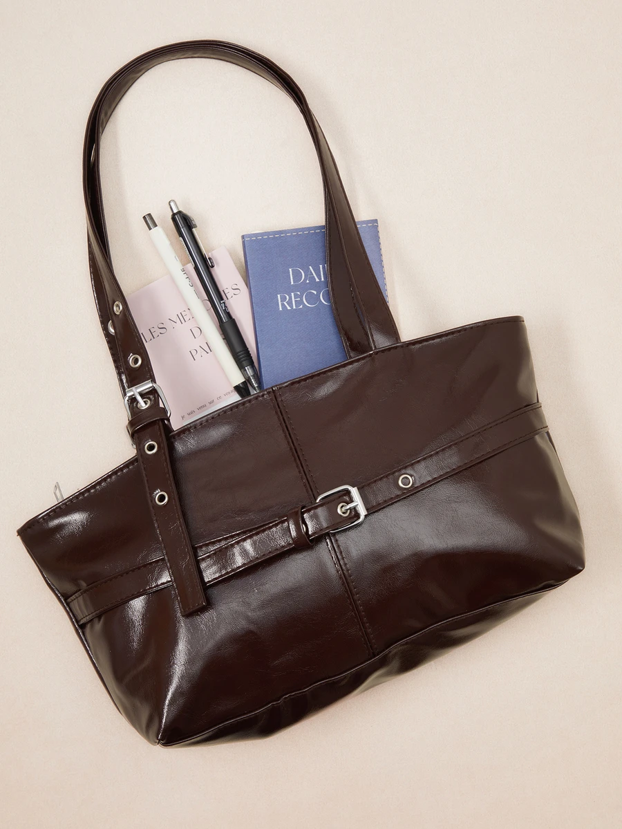 Okurime. 1pc Vintage Large Capacity Tote Bag,  PU Solid Color Oiled Wax Leather,  Zipper Closure,  For Work, School