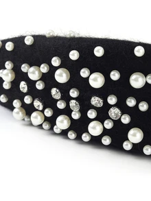 Trivaya 1pc Unisex Black Beret Hat With Y2k Style Pearl Rhinestone Decor, Perfect For Outdoor - Black - View 3