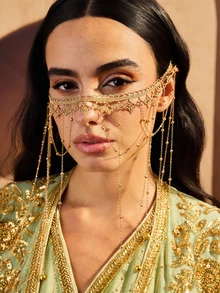 Farahzel 1 Pc Elegant Lady's Face Jewelry With Tassel Veil Headpiece, Graceful Gift Suitable For Party, Wedding, Ball, Facial Ornament Accessory - Gold - View 1