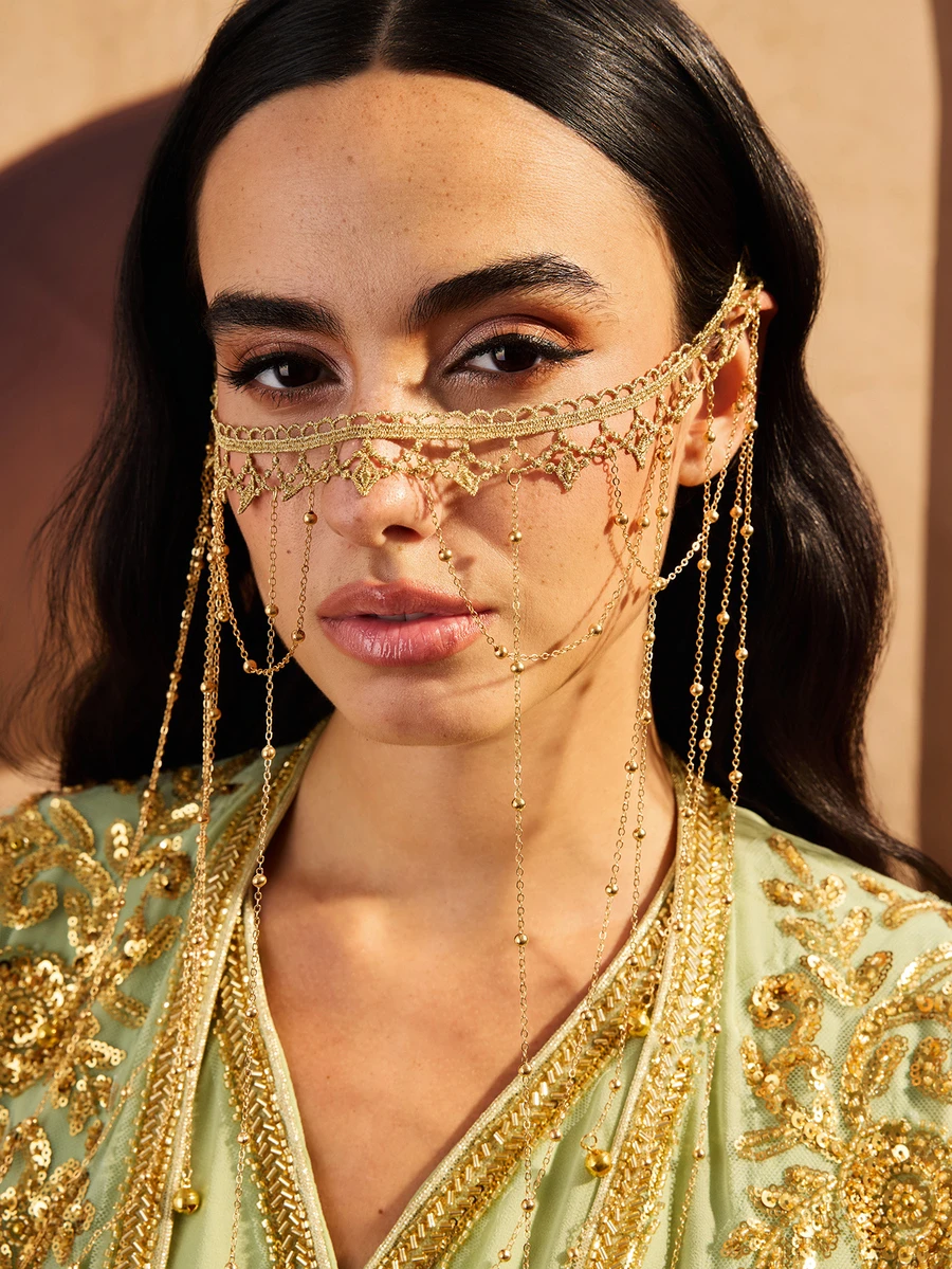 Farahzel 1 Pc Elegant Lady's Face Jewelry With Tassel Veil Headpiece, Graceful Gift Suitable For Party, Wedding, Ball, Facial Ornament Accessory - Gold - View 1