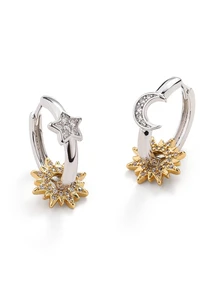 Trivaya Asymmetric Hoop Earrings - Silver Plated With Shiny Cubic Zirconia, Sun And Moon Pattern Earrings - Silver - View 4