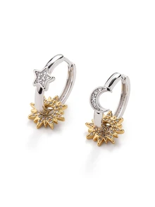 Trivaya Asymmetric Hoop Earrings - Silver Plated With Shiny Cubic Zirconia, Sun And Moon Pattern Earrings - Silver - View 2