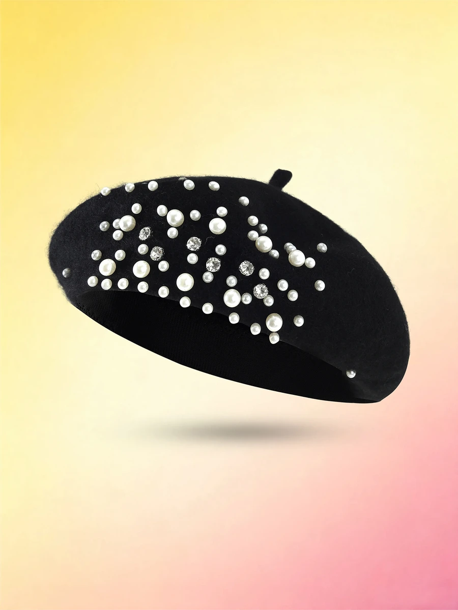 Trivaya 1pc Unisex Black Beret Hat With Y2k Style Pearl Rhinestone Decor, Perfect For Outdoor - Black - View 1