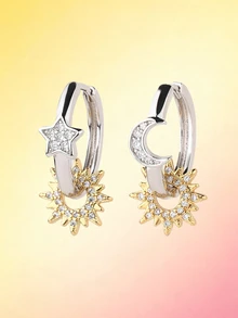 Trivaya Asymmetric Hoop Earrings - Silver Plated With Shiny Cubic Zirconia, Sun And Moon Pattern Earrings - Silver - View 1