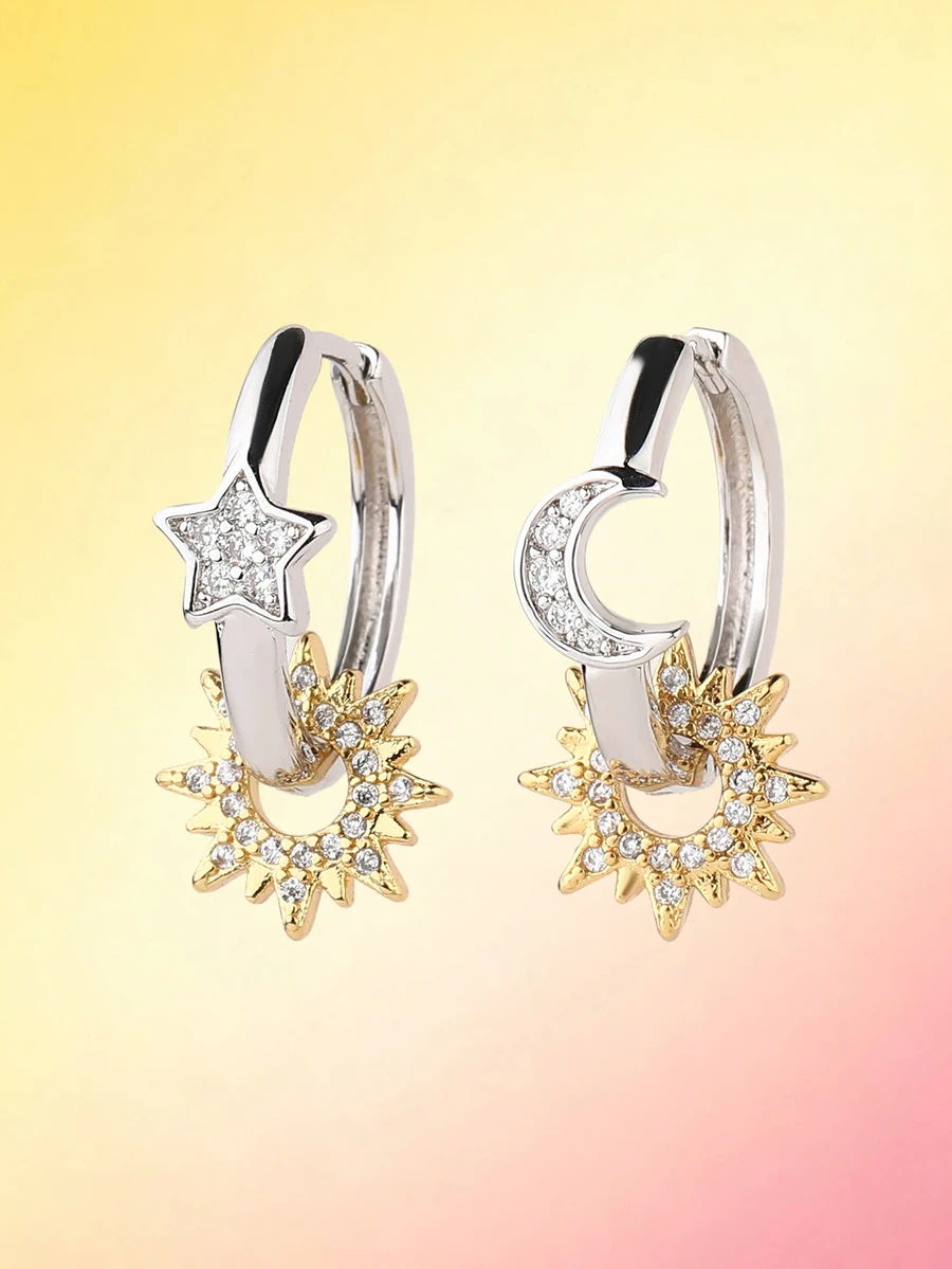 Trivaya Asymmetric Hoop Earrings - Silver Plated With Shiny Cubic Zirconia, Sun And Moon Pattern Earrings - Silver - View 1
