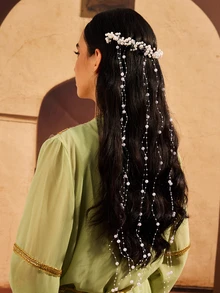 Farahzel 多層仿珍珠流蘇時尚髮飾，適合婚禮與派對，聖誕禮物，節日珠寶 - 白色 - 查看 3