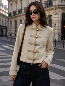 Women's Beige Fitted New Chinese Style Stand Collar Frog Button Pocket Jacket, Spring/Autumn Outerwear - Beige - View 6