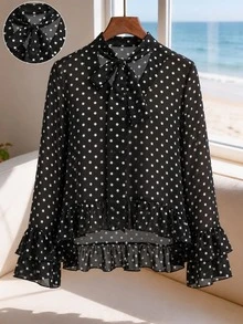 Women's Autumn/Winter Polka Dot Transparent Chiffon Blouse, Double Layer Bell Sleeve Long Sleeve, V-Neck Front Tie Bow Ruffle Hem Top, French Vintage Black Shirt - Black - View 7