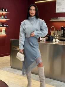 Women's High Neck Zip-Up Lightweight Jacket, Casual Solid Color Outerwear - Baby Blue - View 3