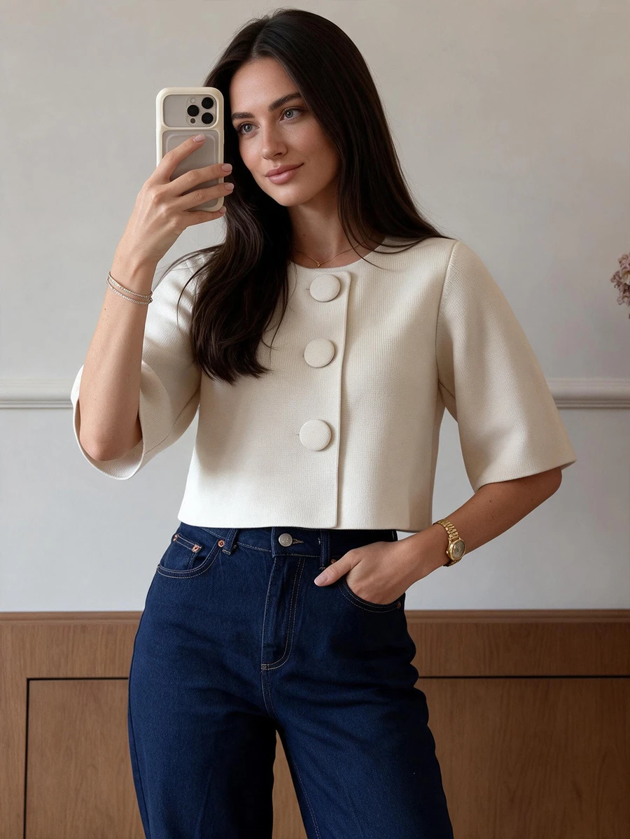 Women's Elegant Solid Color Large Button Cardigan, Short Sleeve Round Neck Knit Top White Summer - White - View 1