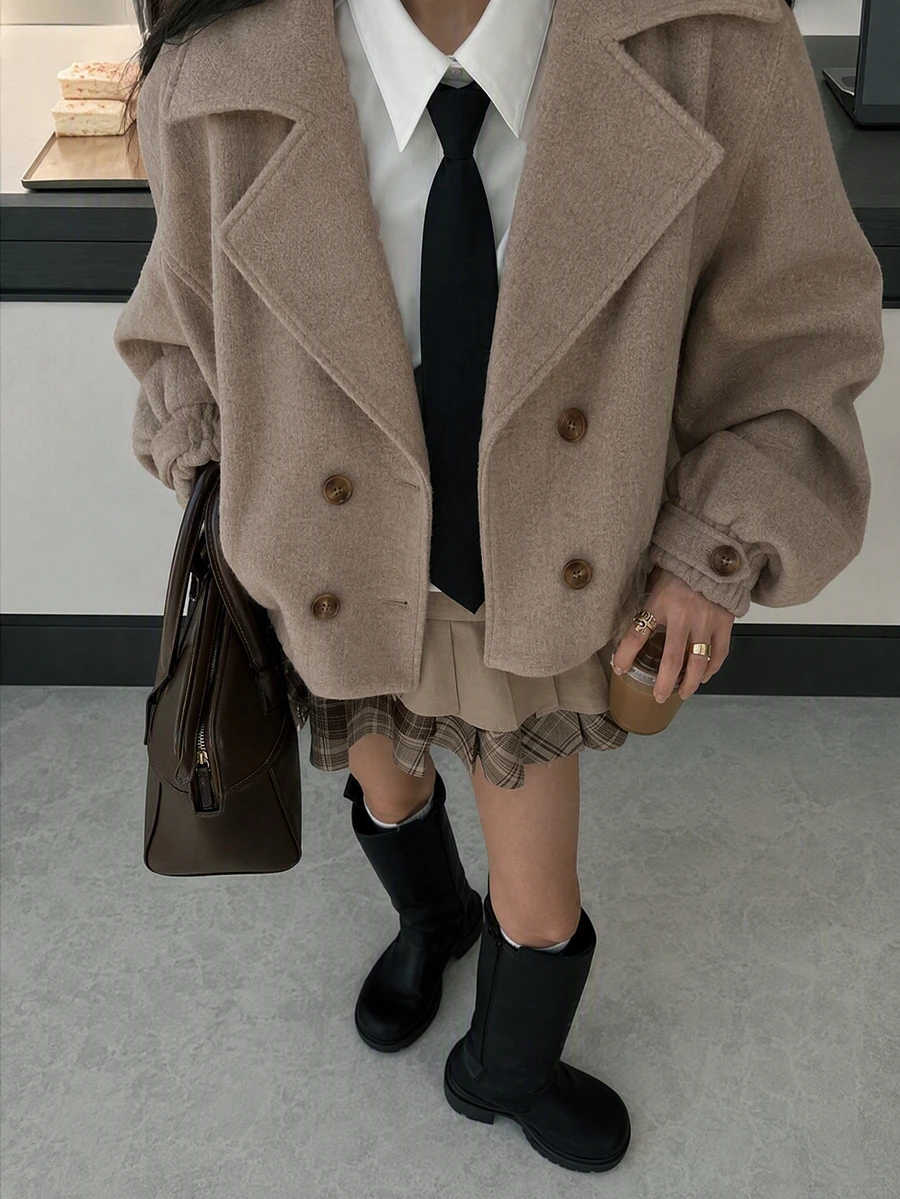 Women's Fashion Autumn Double-Breasted Short Jacket, Long Sleeve Lapel Collar Jacket With Pocket Design, Autumn/Winter Style - Apricot - View 1