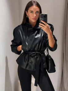 Women's Elegant Black Button Front Long Sleeve Jacket With Bow Belt, Business Casual Blazer, Suitable For Work, Commute And Date Fall - Black - View 2