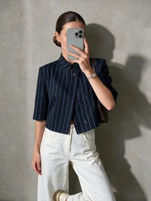 Women's Regular Fit Short Blazer, Short Sleeve Business Suit Jacket, Suitable For Spring/Summer Graduation Season - Navy Blue Stripes - View 4