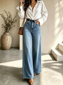 Women's Blue Denim Wide Leg Pants, Button Detail Design, Loose Long Fit, Casual Bohemian Style, Suitable For Spring Wear, Medium Stretch Fabric - Medium Wash - View 1