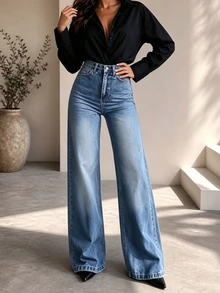 Women's New Autumn/Winter Washed Vintage Wide Leg Jeans, Mid-Stretch Long Pants, Autumn Outfit - Light Wash - View 3