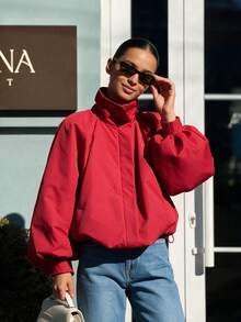 Women's Bright Red High Neck Zipper Top, Casual Long Sleeve Lightweight Windbreaker, Suitable For Spring And Autumn - Red - View 2
