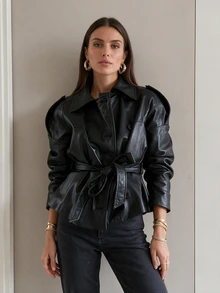 Women's Elegant Black Button Front Long Sleeve Jacket With Bow Belt, Business Casual Blazer, Suitable For Work, Commute And Date Fall - Black - View 3