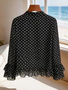 Women's Autumn/Winter Polka Dot Transparent Chiffon Blouse, Double Layer Bell Sleeve Long Sleeve, V-Neck Front Tie Bow Ruffle Hem Top, French Vintage Black Shirt - Black - View 8