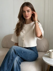 Women's Elegant Solid Color Large Button Cardigan, Short Sleeve Round Neck Knit Top White Summer - White - View 5