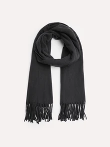 TuEzra 1pc Women's Black Cashmere-Like Solid Color Scarf With Tassels, Soft Shawl, Suitable For Spring, Summer, Autumn, Winter - Black - View 1