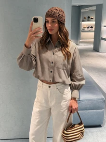 Damen Lässig Karo Bluse mit Laternenärmeln, modisches Karo Hemd mit Knopfleiste vorne - Khaki - Übersicht 1