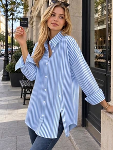 Women's Preppy Style Blue Striped Long Sleeve Button-Up Shirt, Classic Collar Design, Side Slit, Casual Loose Fit - Multicolor - View 3