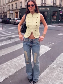 Women's Vintage Military Style Knitted Vest, Front Zipper Sleeveless Top, Suitable For Summer White - White - View 2