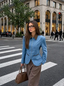 Fashionable Women's Light Blue Denim Jacket With Brown Collar, Full Zip Design, Pockets, Autumn Essential - Blue - View 6