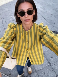 Women's Front Button Long Sleeve Striped Minimalist Casual Shirt - Lime Green - View 2