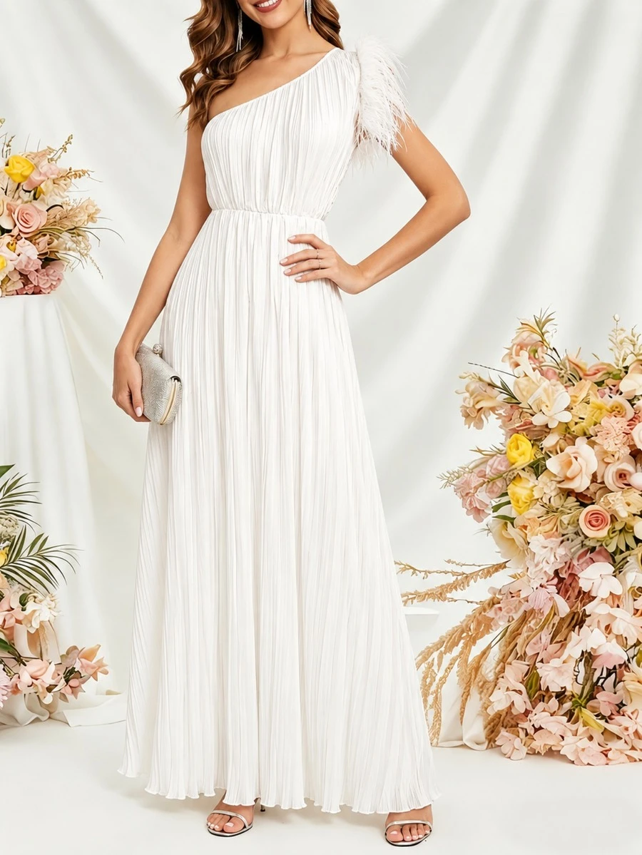 Women's Wedding Bride Party Dress, Asymmetric Shoulder Ruched Feather Design Evening Gown, Cocktail Party Dress, Student Formal Dress White - White - View 1