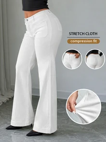 Plus-Size Women's Casual Flared Jeans With Pockets And Buttons, Perfect For Everyday Wear, Especially For Prom Or Halloween. - White - View 2