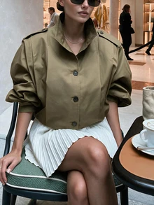 Chaqueta corta con bolsillos y botones para mujer, adecuada para usar en primavera y otoño. Nueva chaqueta cortavientos casual de otoño para mujer - Camel - Ver 2