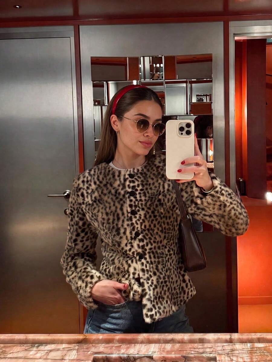 Women's Leopard Print Faux Fur Jacket, Fluffy Crop Top For Autumn/Winter, Halloween Party Outfit - Leopard - View 1