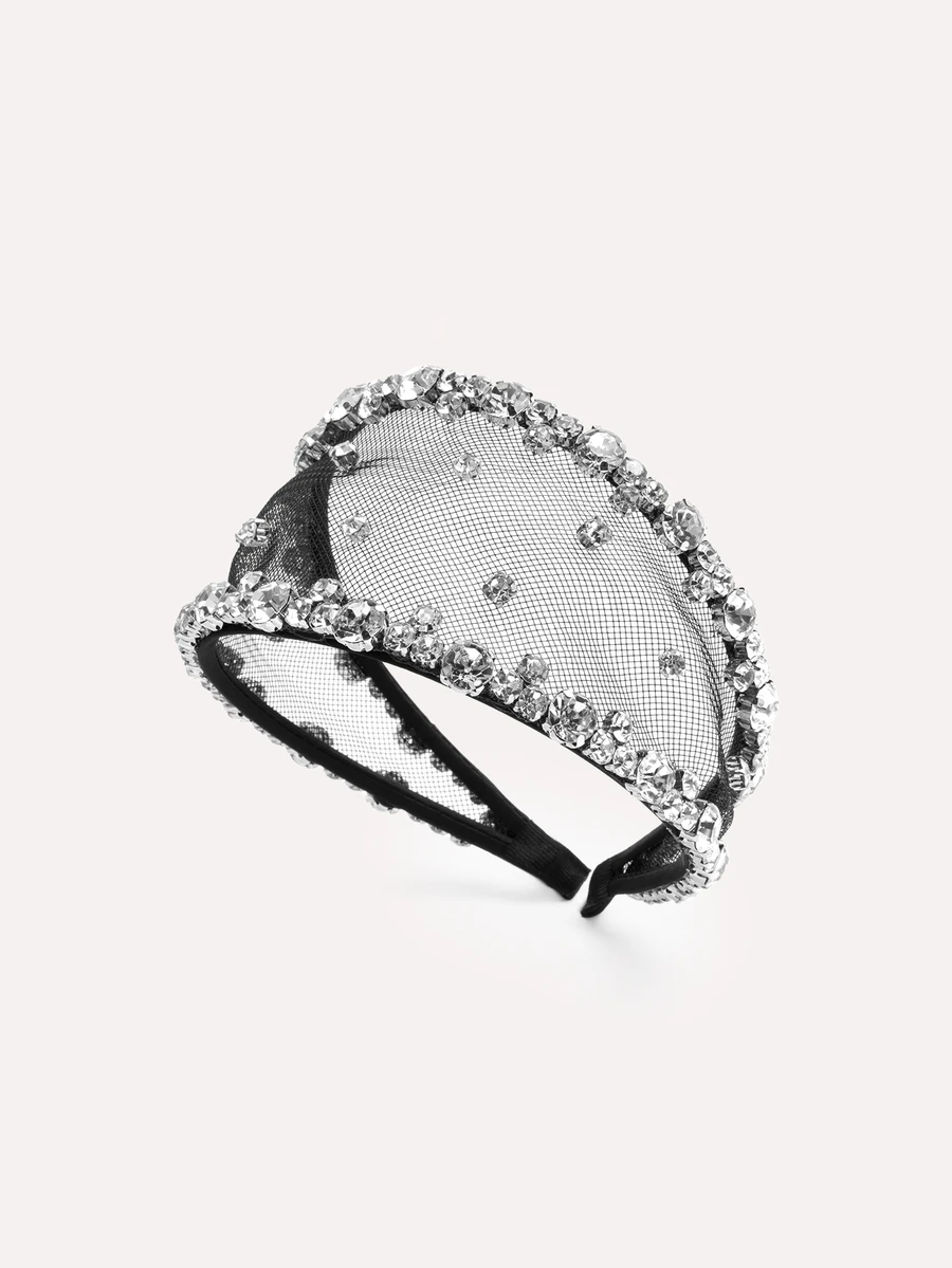 TuEzra 1pc Luxurious Black Mesh Rhinestone Decorated Wide Headband, Elegant & Fashionable For Women, Suitable For Weddings, Beauty, Home, Hair Accessories - Silver - View 1