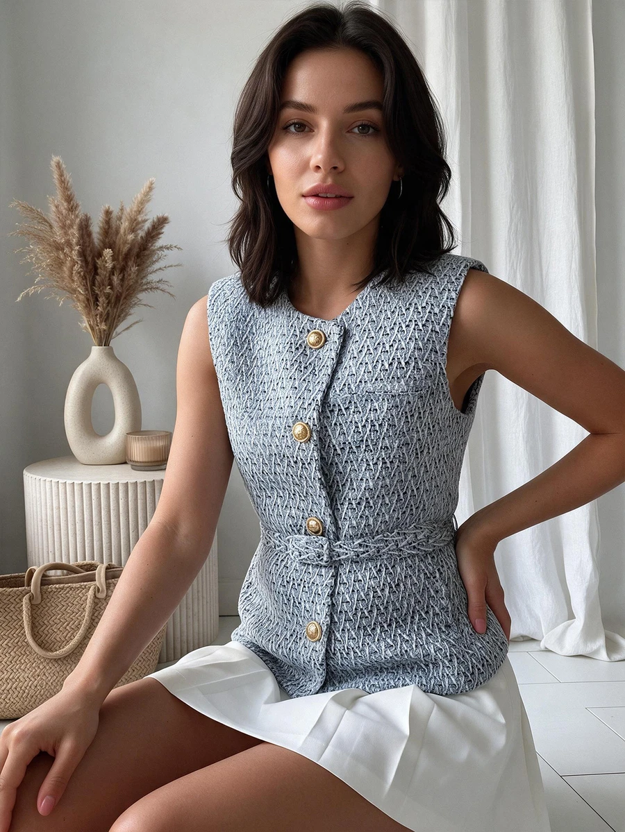 Women's Metal Button Decor Ruffle Hem Wide Strap Tank Top, Summer Basic French Style Thin Sleeveless Vest - Dusty Blue - View 1