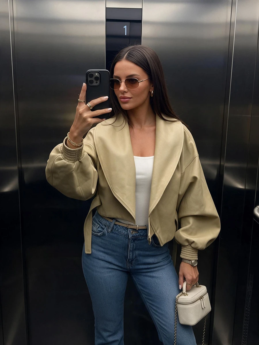 Jaket Pendek Wanita Kasual Warna Polos, Mantel Pendek Modis untuk Pemakaian Sehari-hari - Khaki - View 1