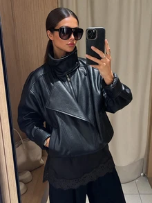 女款純色前扣夾克外套，時尚休閒款，附口袋，適合秋冬穿著 - 黑色 - 查看 3