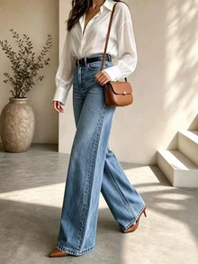 Women's Blue Denim Wide Leg Pants, Button Detail Design, Loose Long Fit, Casual Bohemian Style, Suitable For Spring Wear, Medium Stretch Fabric - Medium Wash - View 2