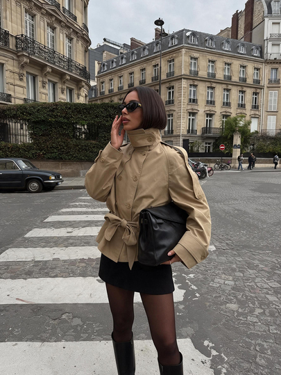 Abrigo largo elegante vintage para mujer, chaqueta de doble botonadura con lazo y manga larga