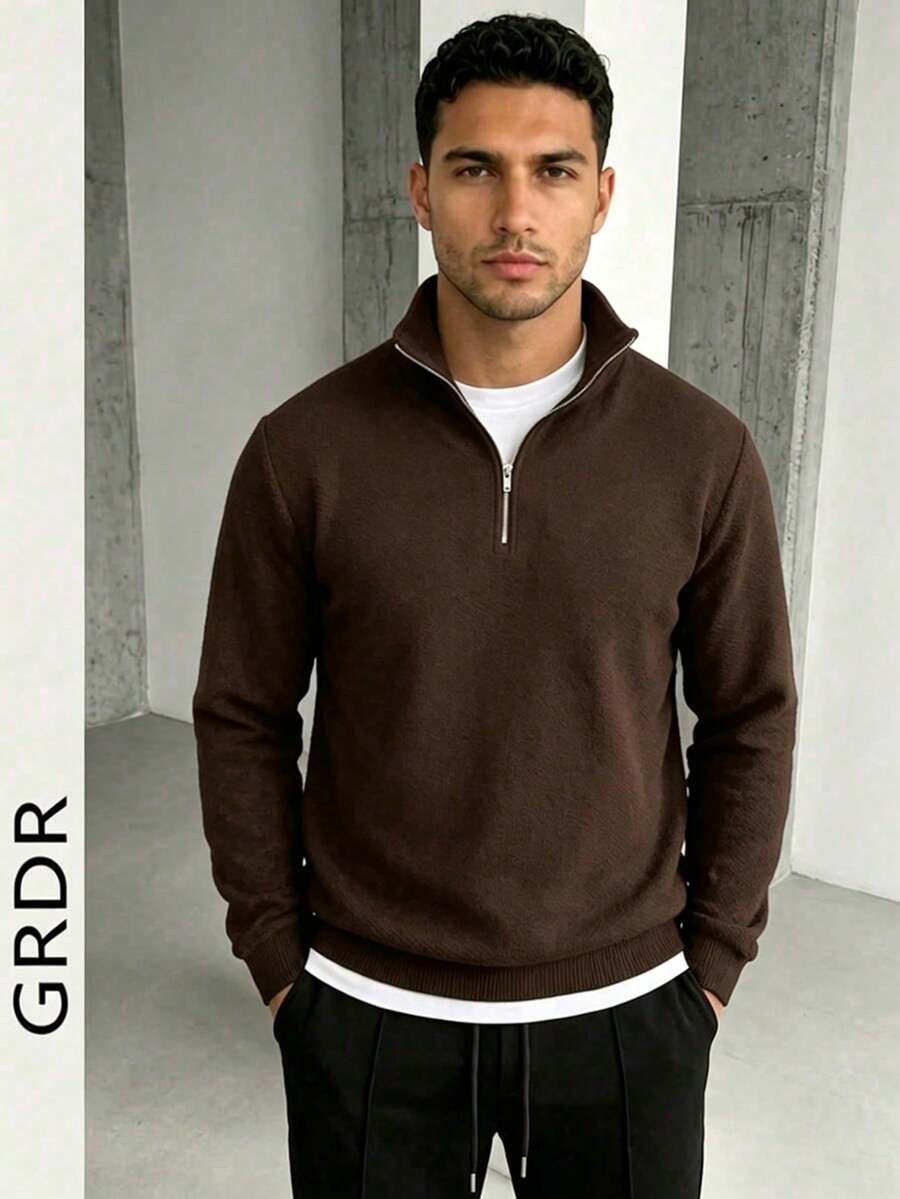 GRDR Sweater Pria Lengan Panjang Kasual dengan Resleting Setengah, Kardigan Rajut Serbaguna untuk Pemakaian Sehari-hari