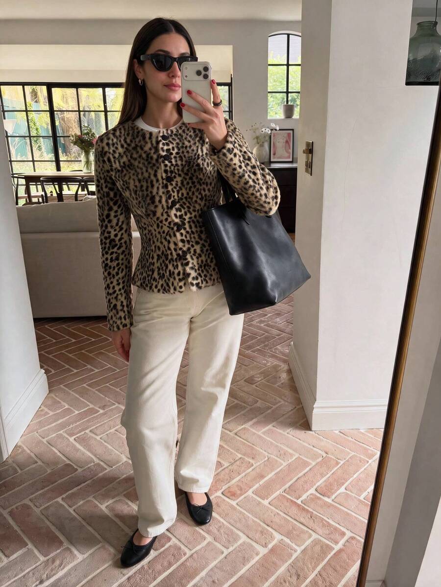 Women's Leopard Print Faux Fur Jacket, Fluffy Crop Top For Autumn/Winter, Halloween Party Outfit - Leopard - View 1