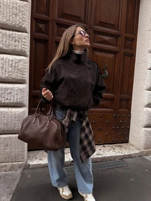 Women's Autumn/Winter Suede Utility Jacket, Metal Button Large Pocket Practical Outerwear Fall - Dark Grey - View 1