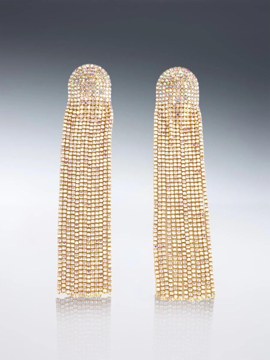Rollcall 1 Pair Crystal Embellished Tassel Drop Earrings, Suitable For Formal Occasions - Yellow Gold - View 1