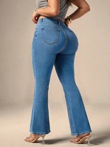Celana Jeans Denim Washed Model Flare Leg Ukuran Plus untuk Wanita, Cocok untuk Perjalanan, Santai, Liburan, Kencan, dan Acara Lainnya - Biru - View 3